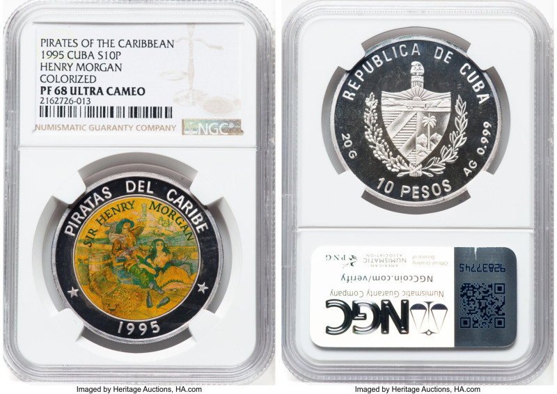 Republic silver Colorized Proof "Sir Henry Morgan" 10 Pesos (1 oz) 1995 PR68 Ult...
