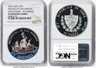 Republic silver Colorized Proof "Santa Maria" 10 Pesos (1 oz) 2001 PR68 Ultra Cameo NGC, Havana mint, KM772. Meeting of Two Worlds series. HID09801242...