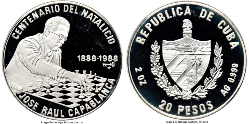 Republic silver Proof "Jose Raul Capablanca - 100th Anniversary of Chess" 20 Pes...