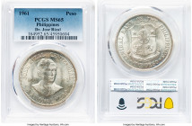 Republic "Anniversary Birth of Dr. Jose Rizal" Peso 1961 MS65 PCGS, Philadelphia mint, KM192. HID09801242017 © 2024 Heritage Auctions | All Rights Res...