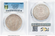 Republic "25th Anniversary of Bataan Day" Peso 1967 MS67 PCGS, KM195. Along with five other specimens, this splendid "Top-Pop" offering holds the high...
