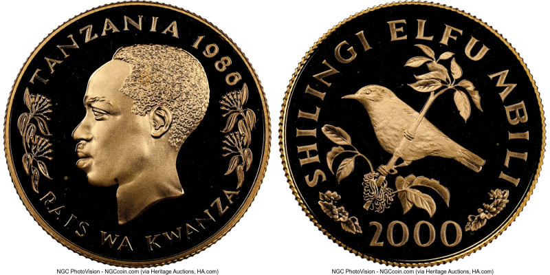 Republic gold Proof "Banded Green Sunbird" 2000 Shilingi 1986 PR70 Ultra Cameo N...
