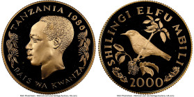 Republic gold Proof "Banded Green Sunbird" 2000 Shilingi 1986 PR70 Ultra Cameo NGC, KM19. Conservation issue. AGW 0.4711 oz. Currently at NGC, this of...