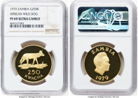 Republic gold Proof "Wild African Dog" 250 Kwacha 1979 PR69 Ultra Cameo NGC, KM20, Fr-1. Mintage: 245. Conservation series. Superbly crisp devices dec...