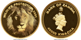 Republic gold Proof "Wildlife Protection - Lion" 40000 Kwacha 2001 PR68 Ultra Cameo NGC, KM94, Fr-17. A lovely holographic lion lays on the obverse de...