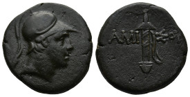 PONTOS. Amisos. (Circa 111-105 BC or 95-90 BC)
AE Bronze (22,3mm 8,4g)
Obv: Helmeted head of Ares right.
Rev: AMI - ΣOV. Sword in sheath.
SNG BM B...