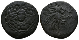 PONTOS. Amisos. Time of Mithradates VI Eupator. (Circa 85-65 BC).
AE Bronze (23,1mm 7,2g)
Obv: Aegis facing.
Rev: AMIΣOY. Nike advancing right with...