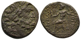 SELEUCIS and PIERIA. Antioch. (1st century BC)
AE Bronze (19,6mm 6,7g)
Obv: Laureate head of Zeus right.
Rev: Zeus Nikephoros seated left