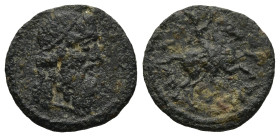 PISIDIA. Isinda. (2nd-1st centuries BC)
AE Bronze (15,1mm 1,7g)
Obv: Diademed head of Zeus right.
Rev: Horseman advancing right, hurling spear; bel...