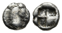 WESTERN ASIA MINOR. Uncertain (Kyme ?). (Circa 5th century BC)
AR Obol (6,5mm 0,5g)
Obv: Forepart of horse right
Rev: Quadripartite incuse square....
