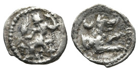 LYCAONIA. Laranda. (Circa 324/3 BC)
AR Obol (11,1mm 0,4g)
Obv: Baaltars seated left, holding grain ear and grape bunch in his right hand and scepter...