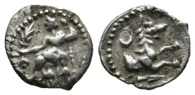 LYCAONIA. Laranda. (Circa 324/3 BC)
AR Obol (11,1mm 0,5g)
Obv: Baaltars seated left, holding grain ear and grape bunch in his right hand and scepter...