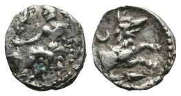 LYCAONIA. Laranda. (Circa 324/3 BC)
AR Obol (9,8mm 0,5g)
Obv: Baaltars seated left, holding grain ear and grape bunch in his right hand and scepter ...