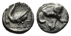 CILICIA, Mallos (Circa 385-333 BC)
AR Obol (8,8mm 0,6g)
Obv: MA. Swan standing left, wings open.
Rev: (?)