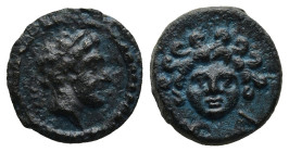 CILICIA. Mallos.(4th century BC)
AE Bronze (11,5mm 1,4g)
Obv: ΠΥ. Head of river god Pyramos right, wearing grain wreath.
Rev: ΜΑΛ. Facing gorgoneio...