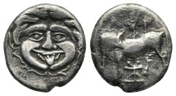 MYSIA. Parion. (Circa 350-300 BC)
AR Hemidrachm (13,3mm 2,1g)
Obv: Gorgoneion with protruding tongue.
Rev: ΠΑ-ΡΙ. Bull standing left, head turned t...