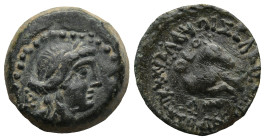 CILICIA. Seleucia ad Calycadnum. (2nd-1st centuries BC).
AE Bronze (17,5mm 4,3g)
Obv: Laureate head of Apollo right; monogram to left.
Rev: Forepar...