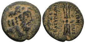 SELEUCIS and PIERIA. Seleucia Pieria. (1st century BC)
AE Bronze (20,8mm 4,2g)
Obv: Laureate head of Zeus right.
Rev: ΣEΛEYKEΩN THΣ IEPAΣ / [?] AYT...