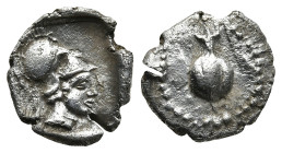 PAMPHYLIA. Side. (circa mid-5th century BC)
AR Obol (10,9mm 0,7g)
Obv: Helmeted head of Athena right, within incuse square
Rev: Pomegranate; dotted...