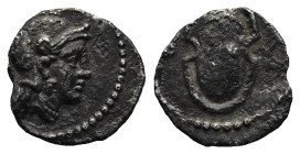 CILICIA. Tarsos. Balakros, Satrap of Cilicia (333-323 BC)
AR Obol (10,3mm 0,5g)
Obv: Helmeted head of Athena right.
Rev: Boeotian shield; B to left...