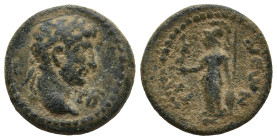CAPPADOCIA. Tyana. Hadrian (117-138 AD)
AE Bronze (17mm 4g)
Obv: Laureate head of Hadrian, right
Rev: Athena standing left, holding Nike in her rig...
