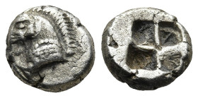 IONIA. Uncertain. (5th century BC)
AR Diobol (9mm 1,1g)
Obv: Forepart of bridled horse to left.
Rev: Quadripartite incuse square