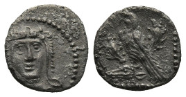 CILICIA, Uncertain (Circa 4th century BC)
AR Obol (10,7mm 0,6g)
Obv: Facing head of Herakles, wearing lion skin.
Rev: Eagle standing left on the he...