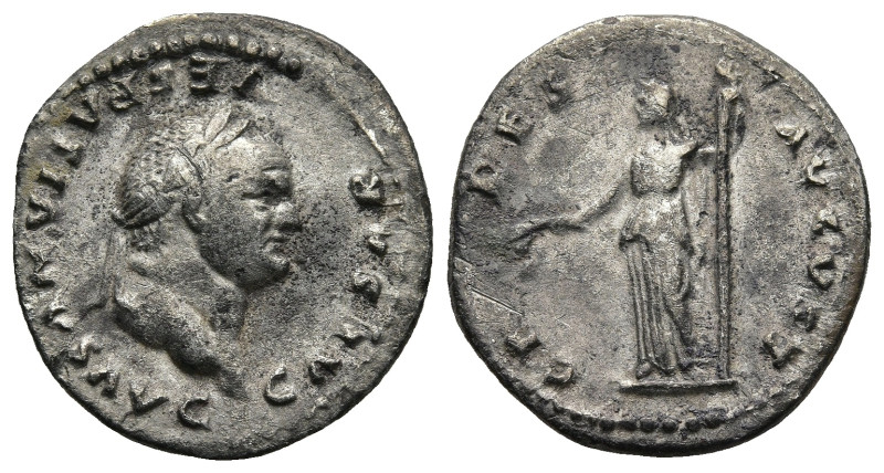 Vespasian (AD 69-79). Rome
AR Denarius (19mm 3g)
Obv: CAESAR VESPASIANVS AVG. ...