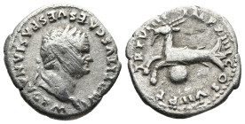 Titus (AD 79-81). Rome
AR Denarius (18,8mm 2,7g)
Obv: IMP TITVS CAES VESPASIAN AVG P M. Laureate head of Titus to right.
Rev: TR P VIIII IMP XIIII ...
