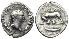 Domitian, as Caesar (69-81 AD). Rome
AR Denarius (18,4mm 2,7g)
Obv: CAESAR AVG F DOMITIANVS. Laureate head to right
Rev: COS V. She-wolf to left, s...