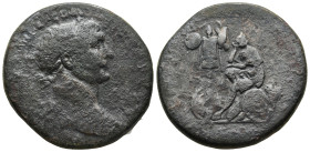 Trajan (AD 98-117). Rome
AE Sestertius (32,8mm 21,8g)
Obv: Head of Trajan, laureate, right.
Rev: Dacia, seated left, in attitude of mourning on shi...