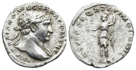 Trajan (AD 98-117). Rome
AR Denarius 18,8mm 3,2g)
Obv: IMP TRAIANO AVG GER DAC P M TR P. Laureate bust of Trajan to right, with slight drapery on hi...