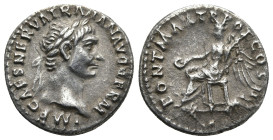 Trajan (AD 98-117). Rome
AR Denarius (17,6mm 2,9g)
Obv: IMP CAES NERVA TRAIAN AVG GERM. Laureate head of Trajan to right.
Rev: PONT MAX TR POT COS ...