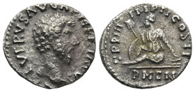 Lucius Verus (AD 161-169). Rome
AR Denarius (17,6mm 2,7g)
Obv: L VERVS AVG ARMENIACVS. Bare head of Lucius Verus to right.
Rev: TR P III IMP II COS...