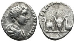 Caracalla, Caesar (196-198 AD). Rome
AR Denarius (15,8mm 2,2g)
Obv: M AVR ANTON CAES PONTIF. Bare-headed, draped and cuirassed bust of Caracalla to ...