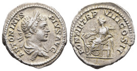Caracalla (AD 198-217). Rome
AR Denarius (19,3mm 3,5g)
Obv: ANTONINVS PIVS AVG. Laureate and draped bust to right
Rev: PONTIF TR P VIII COS II. Sal...