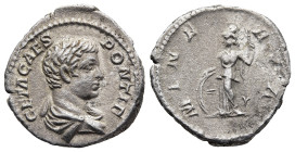 Geta, Caesar (AD 198-211). Rome
AR Denarius (18,6mm 3,4g)
Obv: GETA CAESPONTIF. Bare-headed, draped bust right
Rev: MINERVA. Minerva standing front...