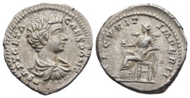 Geta, as Caesar (AD 198-209). Rome
AR Denarius (19,4mm 3,3g)
Obv: P SEPT GETA CAES PONT. Bare-headed and draped bust of Geta to right, seen from beh...