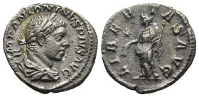 Elagabalus (AD 218-222). Rome
AR Denarius (18,9mm 2,5g)
Obv: IMP ANTONINVS PIVS AVG. Laureate and draped bust right.
Rev: LIBERTAS AVG. Libertas st...