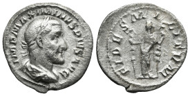 Maximinus I (AD 235-236). Rome
AR Denarius (20mm 1,9g)
Obv: IMP MAXIMINVS PIVS AVG, laureate, draped and cuirassed bust to right
Rev:FIDES MILITVM....