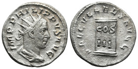 Philip I (244-249 AD). Rome
AR Antoninianus (21,6mm 3,5g)
Obv: IMP PHILIPPVS AVG. Bust of Philip I, radiate, draped, cuirassed, right.
Rev: SAECVLA...