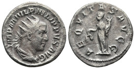 Philip I 'the Arab' (244-249). Rome.
AR Antoninianus (21,5mm 3,8g)
Obv: IMP M IVL PHILIPPVS AVG. Radiate, draped and cuirassed bust right.
Rev: AEQ...