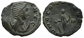 Salonina, Augusta (AD 254-268). Rome.
Antoninianus (20,1mm 1,8g)
Obv: SALONINA AVG. Diademed and draped bust right, set on crescent.
Rev: IVNO CONS...