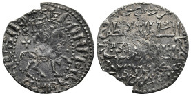 ARMENIA. Cilician Armenia.. Hetoum I (AD 1226-1270). Bilingual issue with the Seljuq ruler Kaykhusraw II
AR Tram (23,6mm 2,5g)
Obv: Horseman right h...