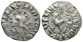 Armenia. Cilician Armenia. Levon II (1270-1289 AD)
AR Tram (22mm 2,7g)
Obv: Levon, crowned, on horseback to right, holding lis-tipped sceptre; star ...