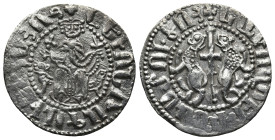 CILICIA. Cilician Armenia. Levon I (AD 1198-1219)
AR Tram (22,2mm 2,6g)
Obv: ✠ "Levon, king of the Armenians" in Armenian script, Levon seated facin...