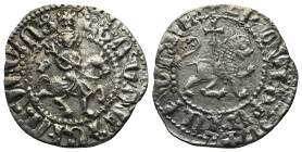 ARMENIA. Cilician Armenia. Levon III (AD 1301-1307)
AR Tram (21,5mm 2,3g)
Obv: Levon III on horseback riding right, head facing, holding cruciform s...