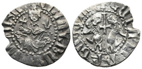 CILICIA. Cilician Armenia. Levon I (AD 1198-1219)
AR Tram (22,2mm 2,7g)
Obv: ✠ "Levon, king of the Armenians" in Armenian script, Levon seated facin...