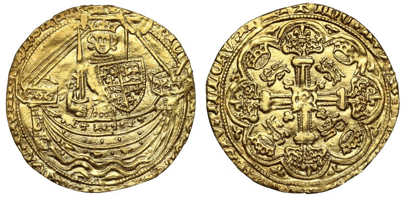 Richard II (1377-99), gold Noble, Tower Mint, type IVb, crescent on rudder, King...
