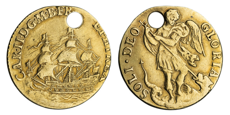 Charles II (1660-85), gold Touchpiece, officially pierced, toothed outer border ...
